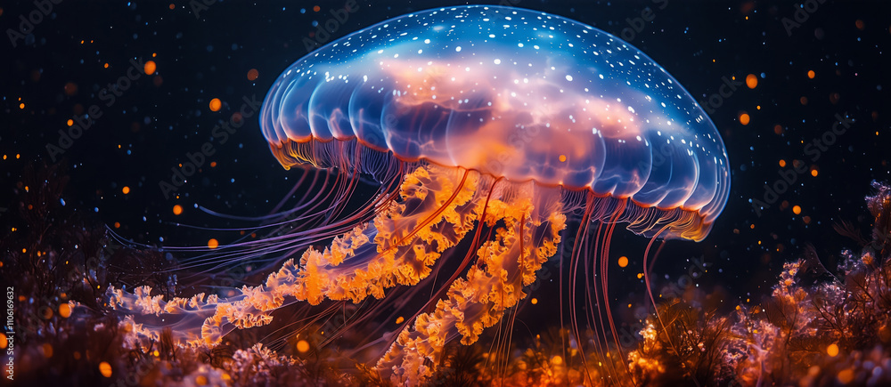 Naklejka premium Glowing Blue Jellyfish on Black Background.