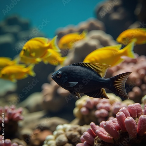 Diverse marine life illustration highlights themes of racial prejudice among black fishes facing social ostracism photo