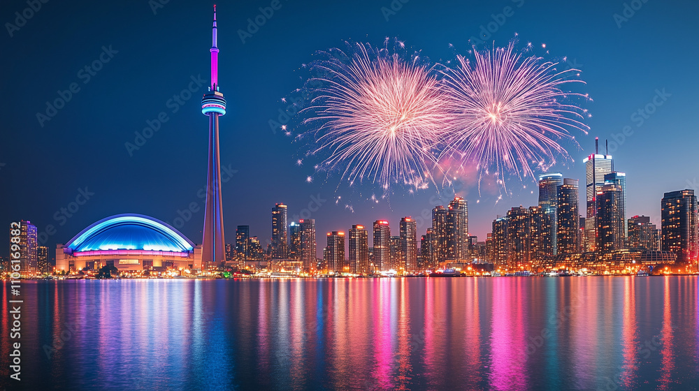 Obraz premium A vibrant display of fireworks illuminating the night sky over a modern cityscape with a prominent iconic tower reflecting on the water.
