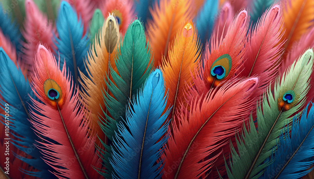 Fototapeta premium Colorful peacock feathers in vibrant colors for artistic decoration and design