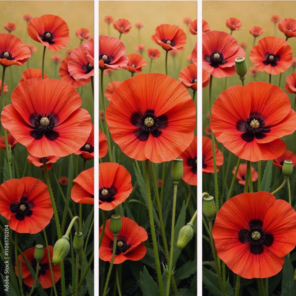 Obraz premium Oil painting trilogy showcasing a vibrant floral scene with blooming poppies during spring and summer