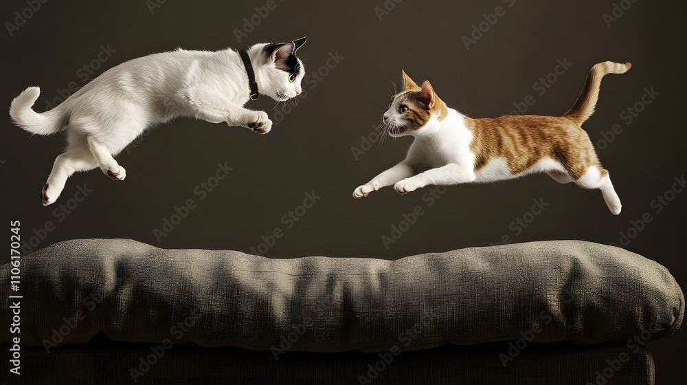 Two playful cats leaping mid-air with dark background. Two playful cats leaping mid-air with dark background.