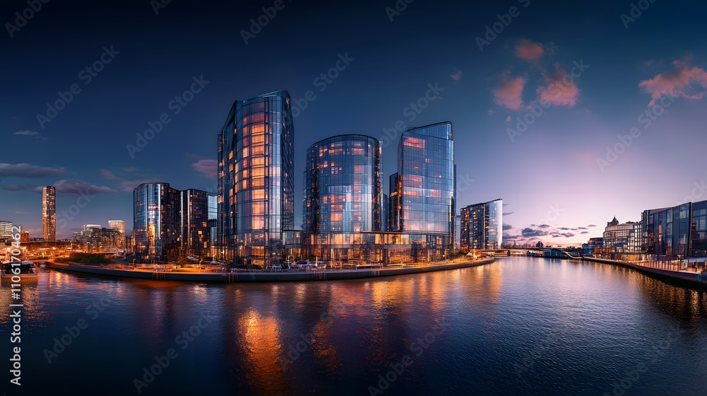 Obraz premium Modern Skyscrapers Illuminated at Dusk Riverfront Scene
