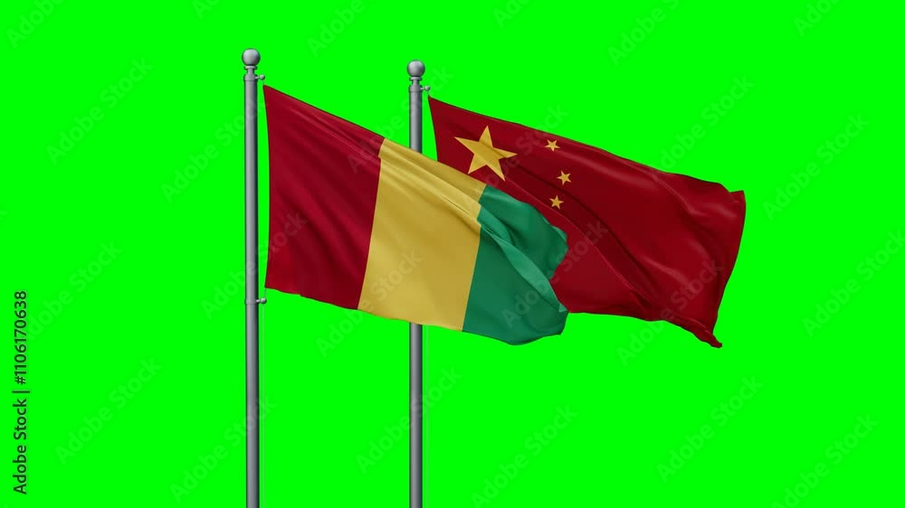China and Guinea-Conakry flags flying together, video concept of the relationship with colored chroma key for easy background remove China and Guinea-Conakry flags flying together, video concept of the relationship with colored chroma key for easy background remove