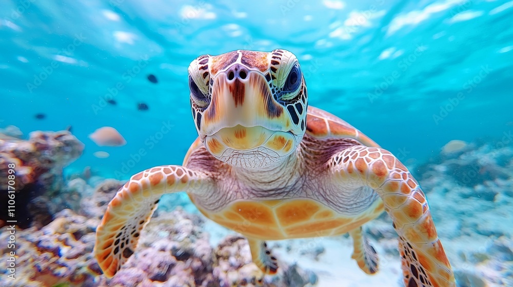 Obraz premium A sea turtle glides through the azure ocean, amidst an underwater world teeming with marine life, highlighting the importance of preserving marine species and their natural habitats.