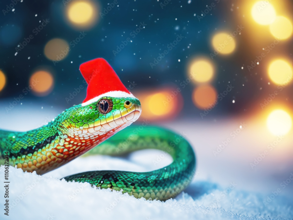 Cute green snake in a red hat on snow background. A New Year's theme. Cute green snake in a red hat on snow background. A New Year's theme.