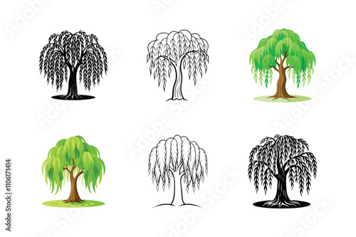 Weeping Willow Tree Vector Set - Elegant Botanical Illustration for Tranquil Nature and Scenic Designs
