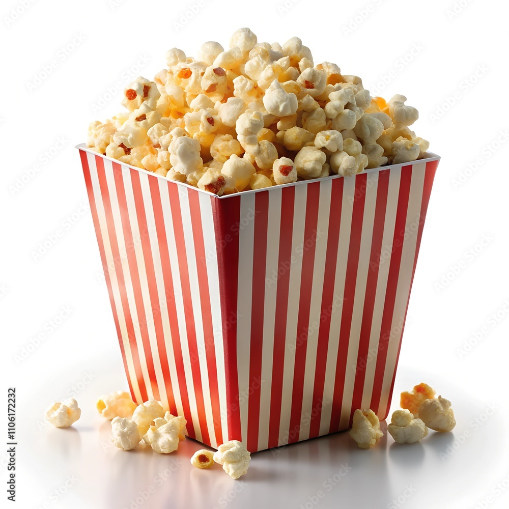 a striped box filled to the top with popcorn spilling out of it on a white background a striped box filled to the top with popcorn spilling out of it on a white background