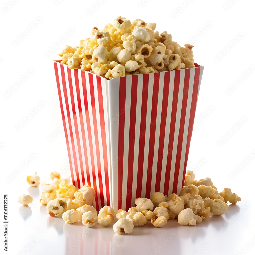 a striped box filled to the top with popcorn spilling out of it on a white background a striped box filled to the top with popcorn spilling out of it on a white background
