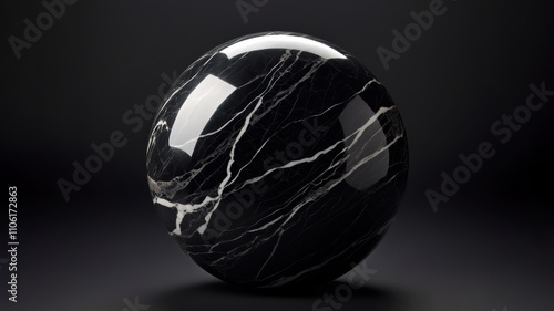 Black marble ball with white veins on black background