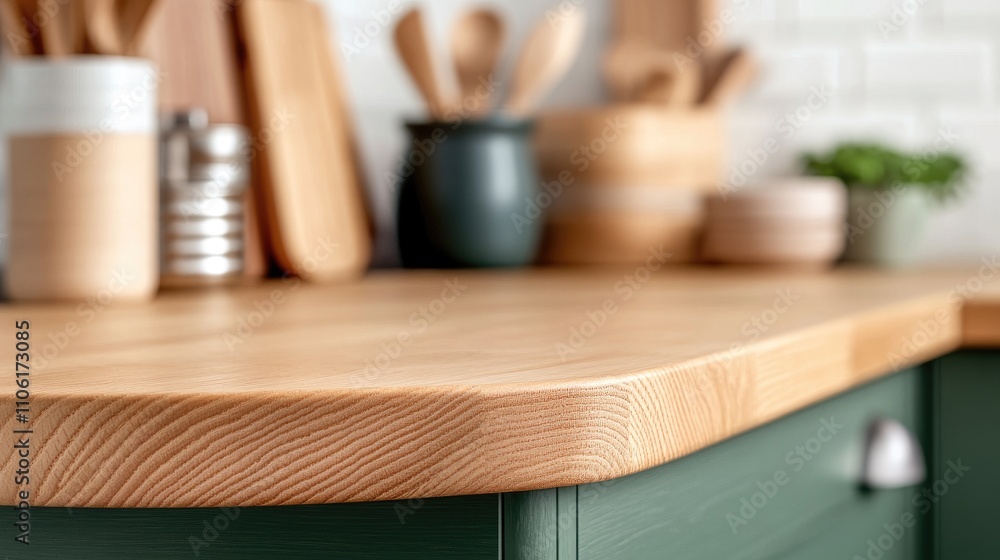 Beautiful oak countertop showcase in a green shaker-style kitchen with warm natural light highlighting wood grain details Beautiful oak countertop showcase in a green shaker-style kitchen with warm natural light highlighting wood grain details