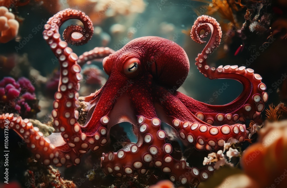 Obraz premium Vibrant Octopus Residing Amidst Colorful Coral Reef in Crystal Clear Ocean Waters, Showcasing Its Unique Tentacles and Intricate Patterns Under Sunlight