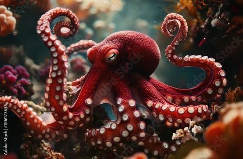 Vibrant Octopus Residing Amidst Colorful Coral Reef in Crystal Clear Ocean Waters, Showcasing Its Unique Tentacles and Intricate Patterns Under Sunlight