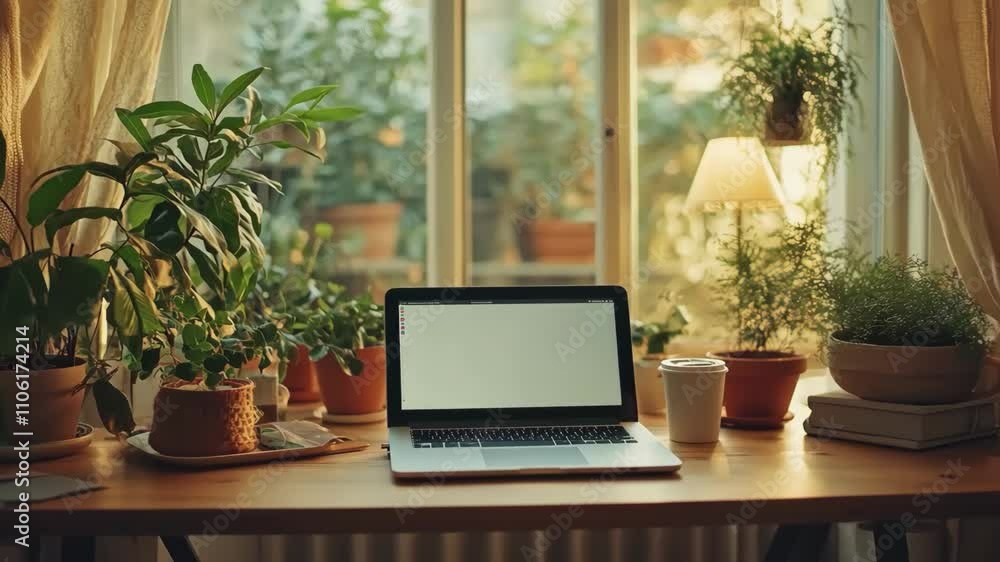 A laptop is on a desk next to a potted plant. The laptop is open and the screen is blank. The desk is cluttered with various items, including a cup, a book, and a vase A laptop is on a desk next to a potted plant. The laptop is open and the screen is blank. The desk is cluttered with various items, including a cup, a book, and a vase