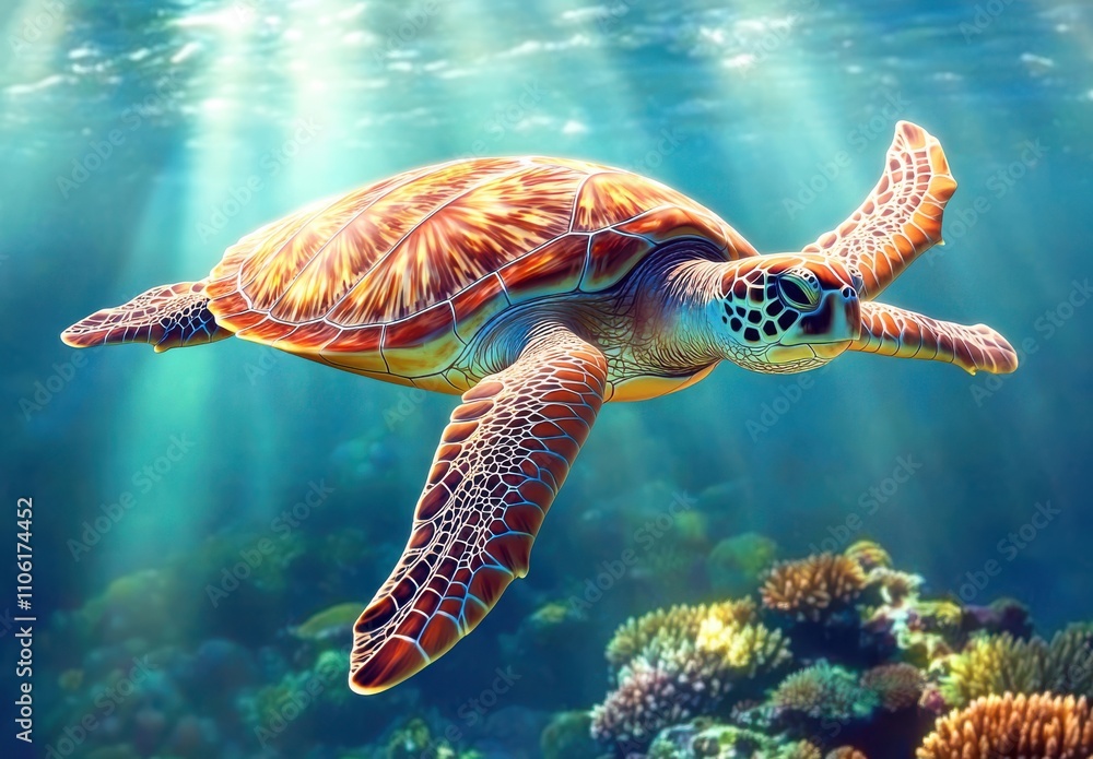 Obraz premium Vibrant Sea Turtle Swimming Gracefully Through Clear Blue Waters Surrounded by Colorful Coral Reefs and Streams of Sunlight Shining from Above