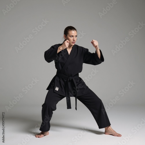 Martial artist poised for combat showcases impressive strike poses Action Dramatic photo