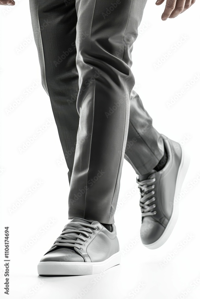 Gray pants and matching sneakers; walking.