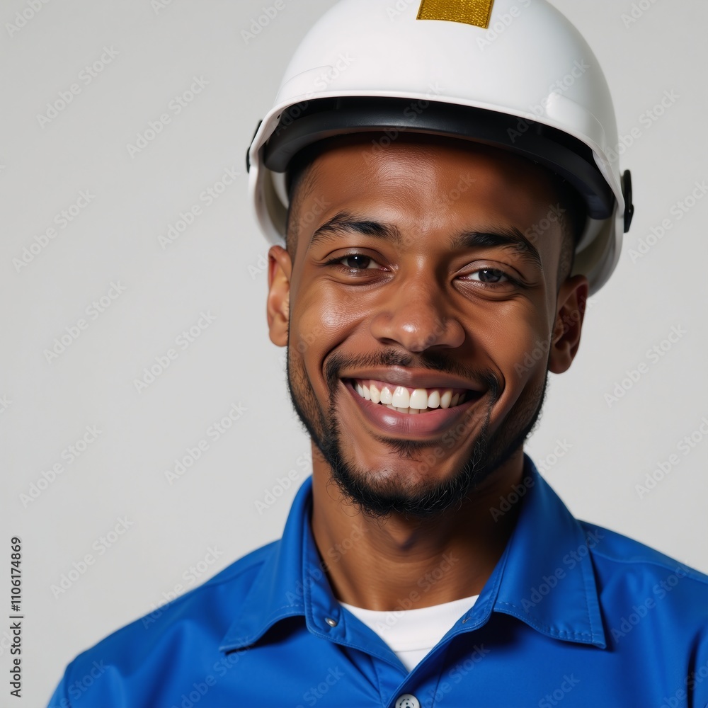 A cheerful African American man wearing a blue uniform and security helmet is portrayed with a charming grin A cheerful African American man wearing a blue uniform and security helmet is portrayed with a charming grin