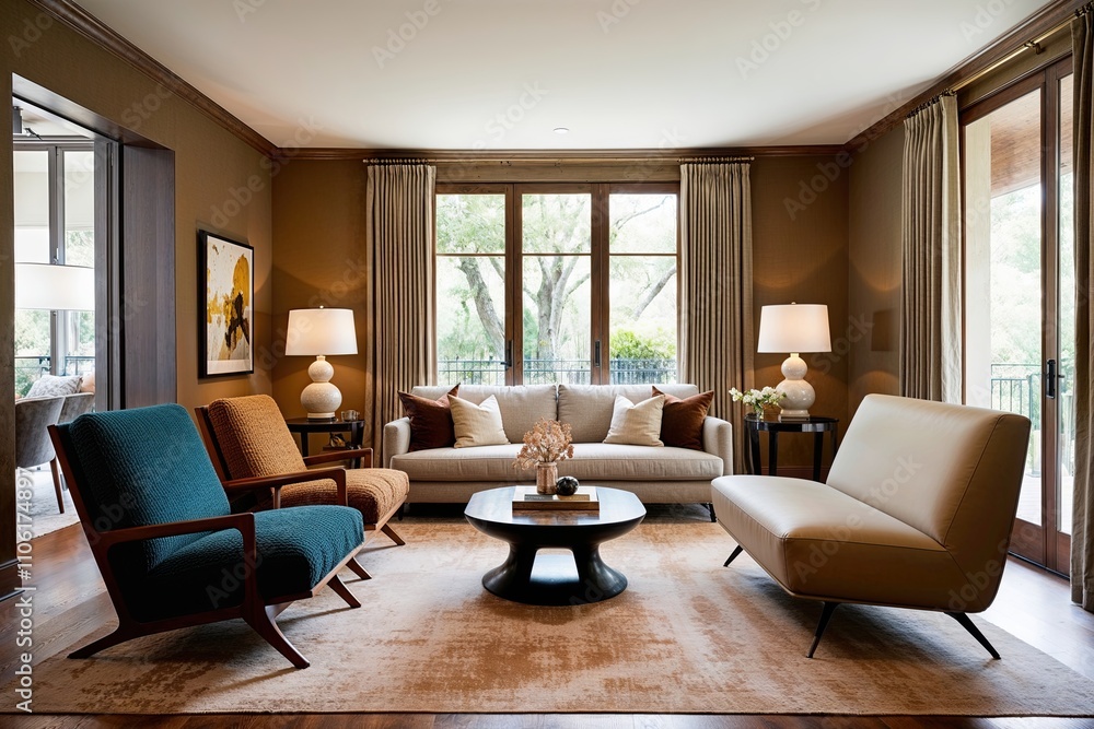 Fototapeta premium Vintage Boucle Lounge Chairs and Modern Sofa in Chic Living Room Design