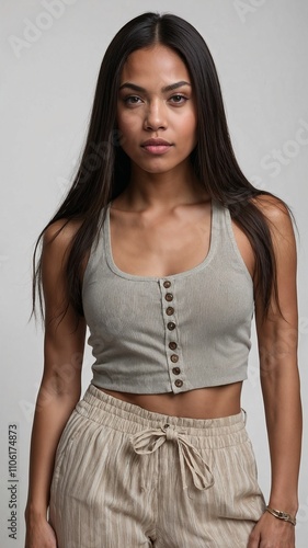 Confident woman wearing ribbed tank top and lightweight drawstring pants in studio setting photo