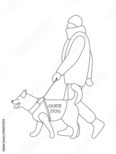 ManGuideDogBWBlind Person In Jacket, Scarf And Hat Walking With A Guide Dog Assistant Outdoor In Winter Time. Outline Black Drawing Isolated On White. Vector illustration