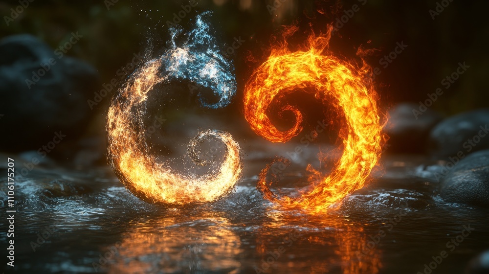 The elemental balance of fire and water in nature's embrace The elemental balance of fire and water in nature's embrace