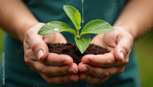 Close-up of hand nurturing a young plant under the gentle fall of rain evoking themes of care growth and environmental preservation in an idyllic natural setting photo