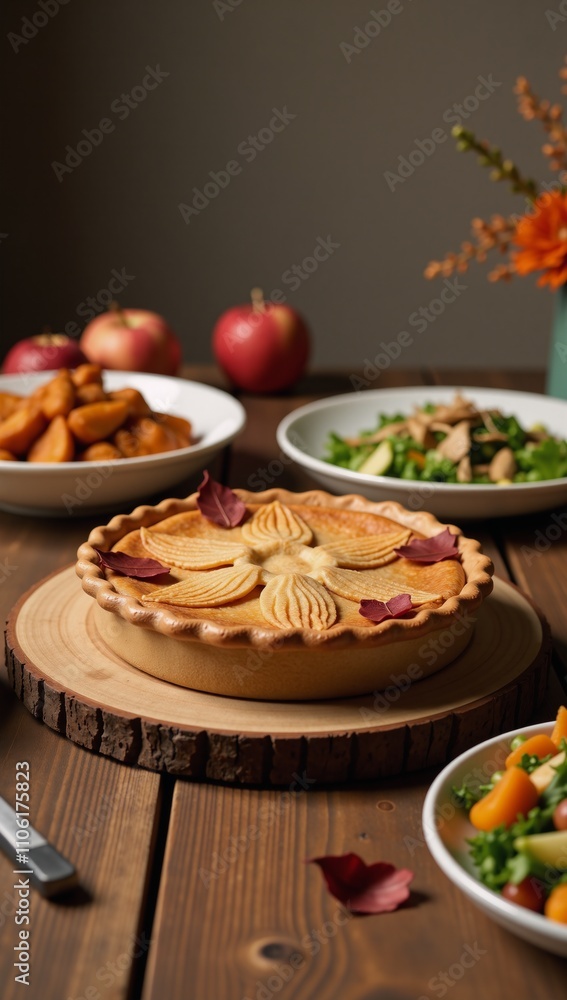 Intimate Thanksgiving scene centered around golden-brown apple pie and vibrant vegan dishes festive family gathering implied by blurred celebration background Intimate Thanksgiving scene centered around golden-brown apple pie and vibrant vegan dishes festive family gathering implied by blurred celebration background