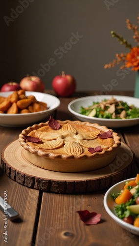 Intimate Thanksgiving scene centered around golden-brown apple pie and vibrant vegan dishes festive family gathering implied by blurred celebration background