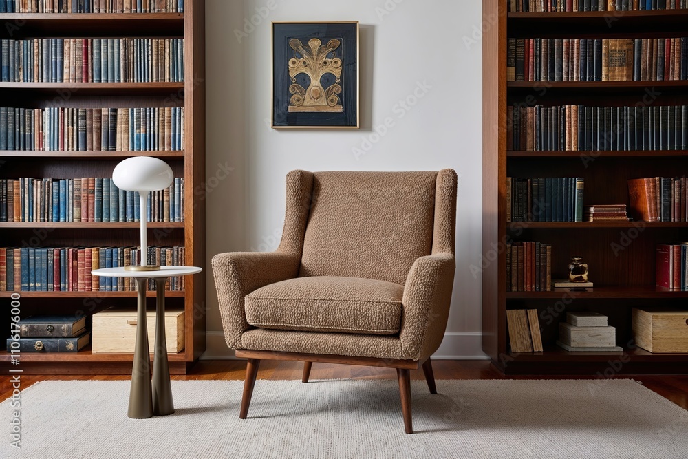 Fototapeta premium Taupe Boucle Armchair and Minimalist Side Table in a Mid-Century Modern Library Decor