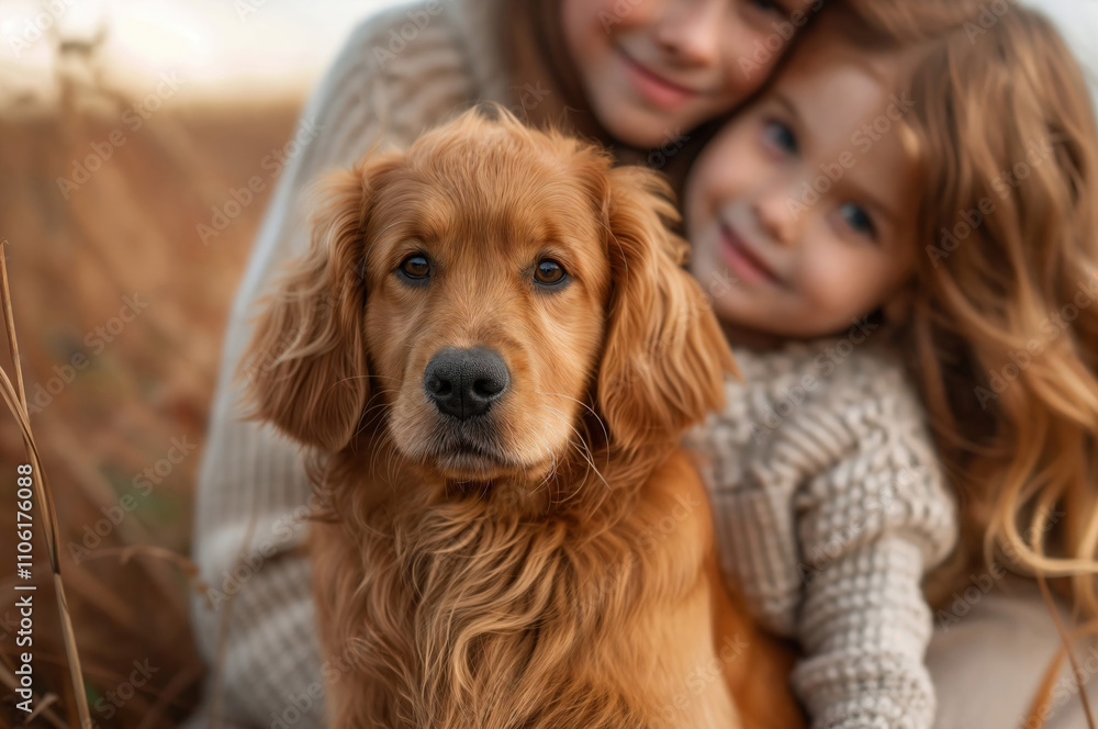 Golden retriever with children enjoying a fall day outdoors Golden retriever with children enjoying a fall day outdoors