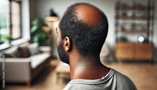 Close-up bald man male indoors, strength and recovery from alopecia. Highlights health care, dermatology, emotional resilience. Hair loss, treatment, and lifestyle changes.