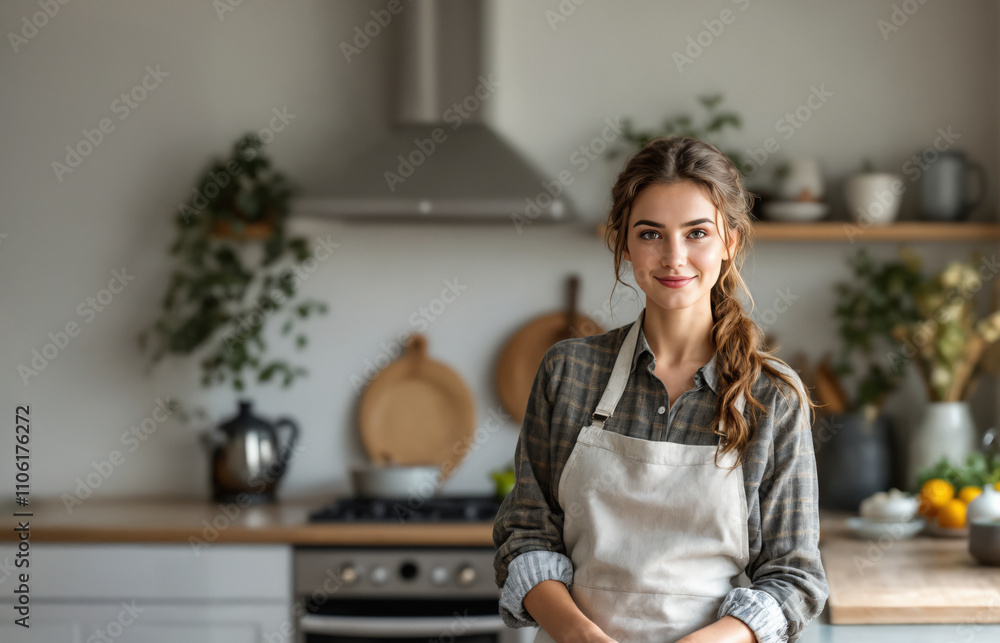 Portrait of a smiling woman in a cozy kitchen environment Portrait of a smiling woman in a cozy kitchen environment