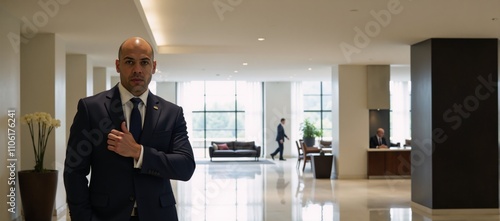 A bi-racial security guard in a suit provides business protection at a modern hotel lobby photo