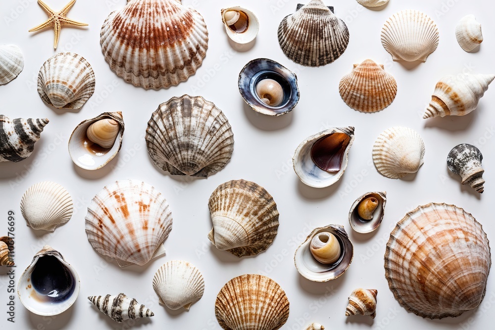 Isolated Seashell Collection on White Background Aerial View of Ocean Treasures Isolated Seashell Collection on White Background Aerial View of Ocean Treasures