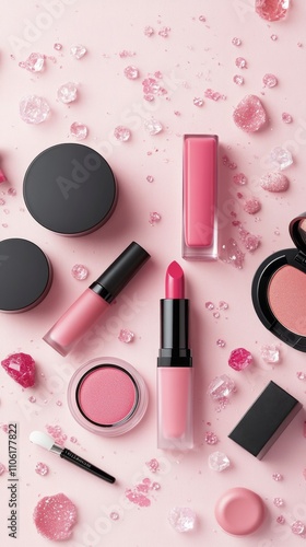 Makeup products arranged artistically with sparkling gems on a soft pink back...