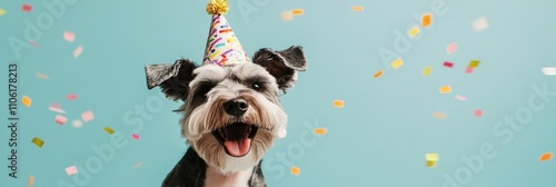 Happy dog wearing a party hat celebrating with colorful confetti in a festive...