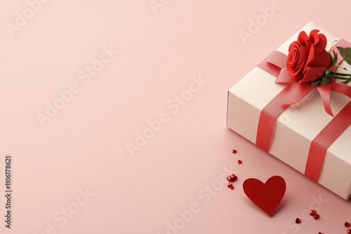 Gift box with rose and heart decoration for romantic occasion in soft pastel ...