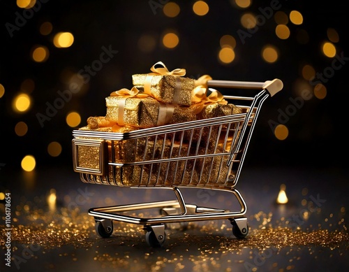 Einkaufswagen voller glitzernder Geschenke – Black-Friday-Motiv für Marketing photo