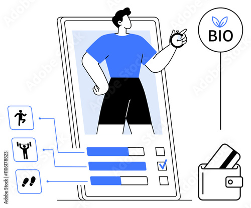 Metaphoric figure standing on smartphone screen with health metrics and bio badge. Ideal for fitness tracking, health management, online coaching, wellness apps, bio apps, financial tech, and digital