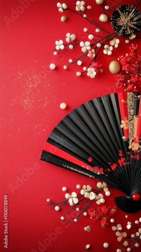 Beautiful red fan rests on a vibrant surface with decorative branches in the ...