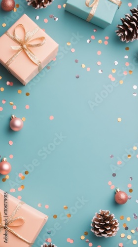 Colorful festive presents arranged on a bright blue background with decorativ...