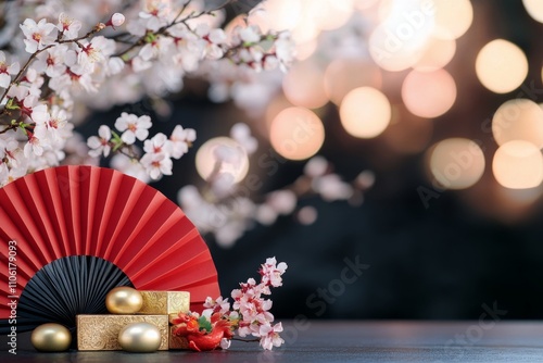 Cherry blossom decoration with a red fan and gold gifts for a cultural celebr...