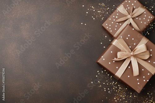 Beautifully wrapped gifts in various colors and sizes arranged on a neutral b...