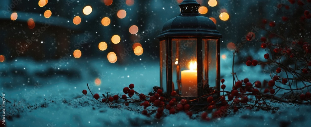 A lantern with flickering candlelight casts a warm glow, surrounded by red berries and delicate snowflakes in the night sky, ideal for holiday greeting cards, festive digital marketing A lantern with flickering candlelight casts a warm glow, surrounded by red berries and delicate snowflakes in the night sky, ideal for holiday greeting cards, festive digital marketing