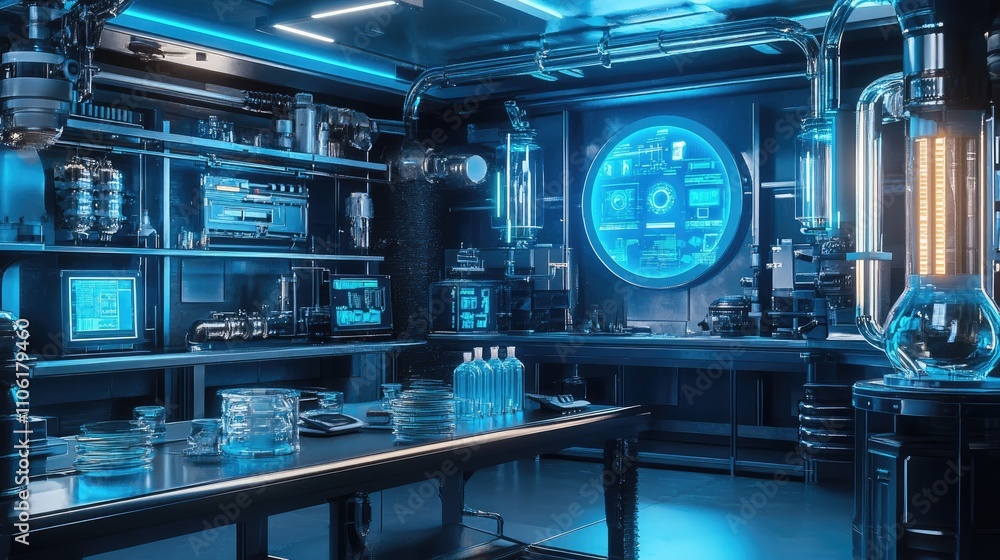 Futuristic Laboratory with Advanced Technology and Digital Interfaces in Neon Blue Light Futuristic Laboratory with Advanced Technology and Digital Interfaces in Neon Blue Light