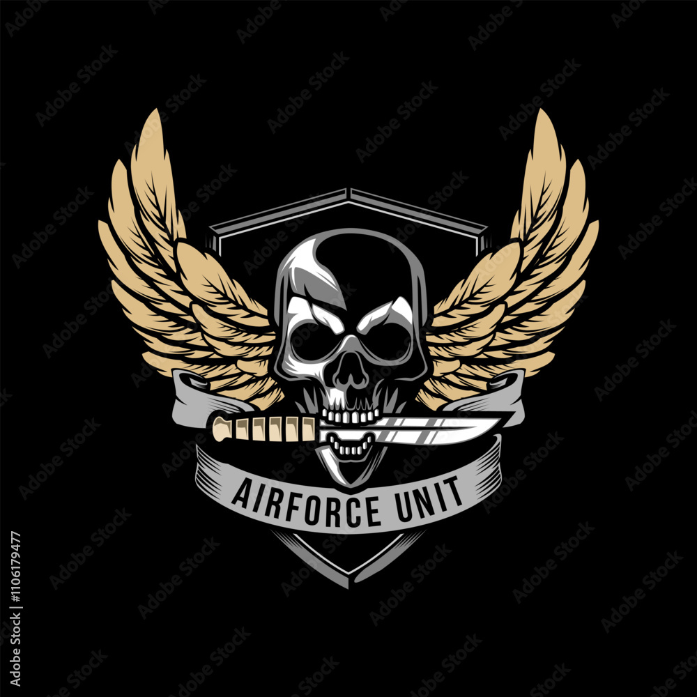 Military Skull Bite Dagger vector illustration logo. Design element for logo, label, sign, emblem. Military Skull Bite Dagger vector illustration logo. Design element for logo, label, sign, emblem.