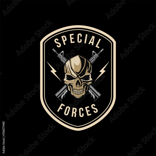 Skull with Crossed assault rifles Badge. Design element for logo, label, sign, emblem. Vector illustration