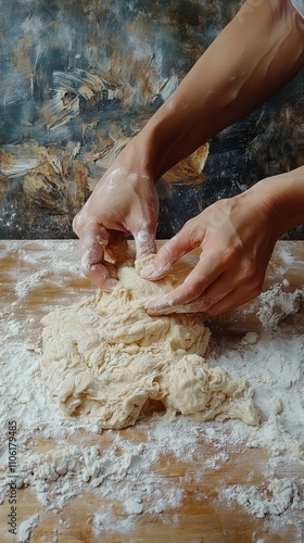 Kneading dough at a rustic kitchen with fresh vegetables and flour on the cou...