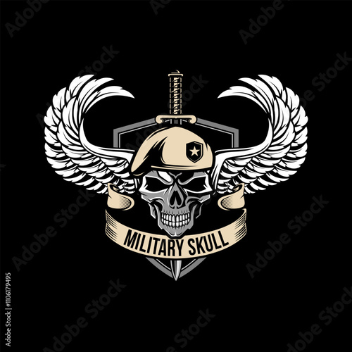 Military Skull Badge Wearing Beret and wings vector illustration logo. Design element for logo, label, sign, emblem.